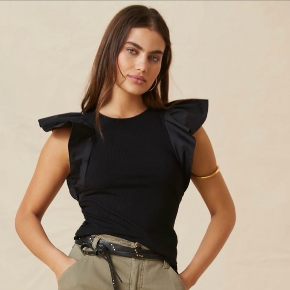 Anthropologie Sunday in Brooklyn Black Ruffle Sleeve Blouse NWT